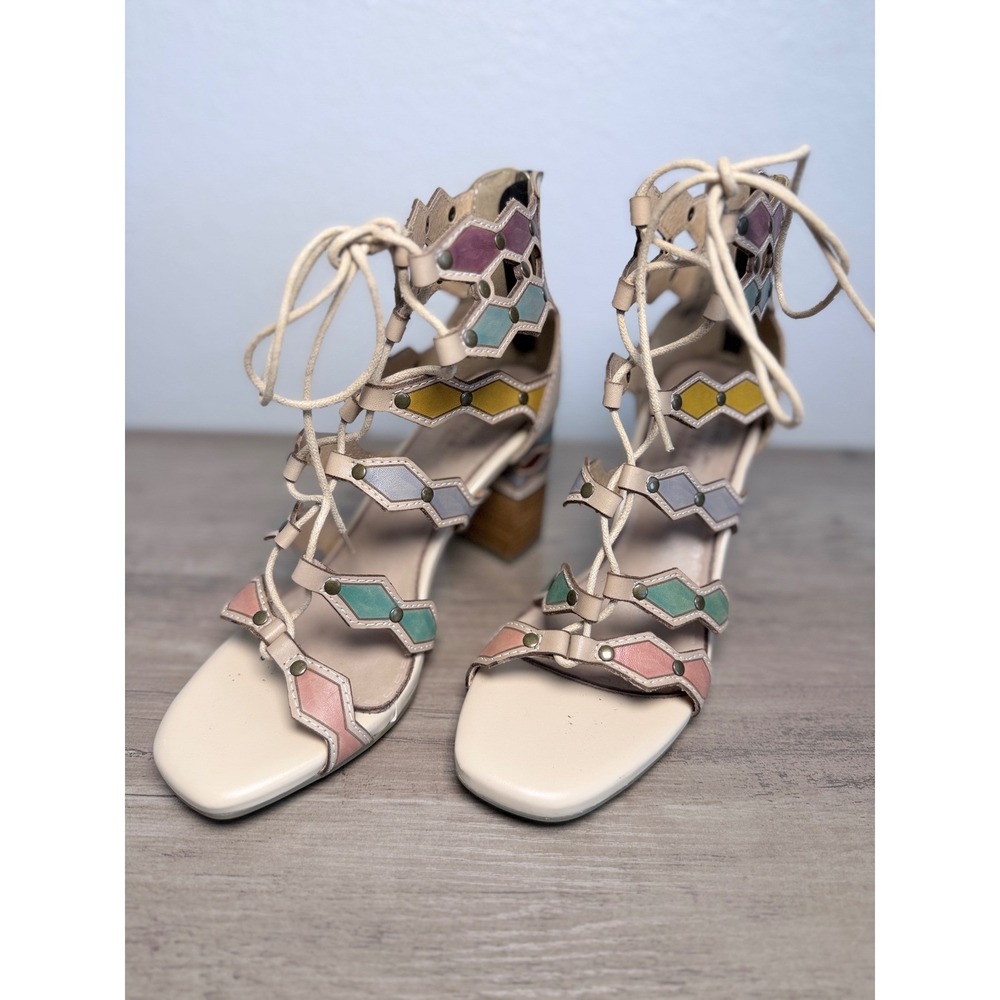 L'Artiste Spring Step Boho Leather Lace Up Heeled Sandals Multicolor‎ Size 38